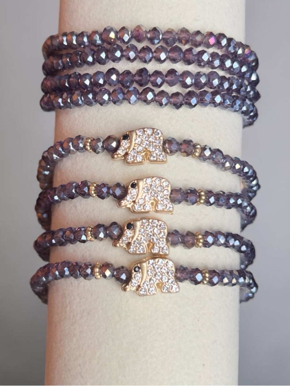 Crystal Bead Elephant Stretch Bracelet - Purple and Gold NWOT